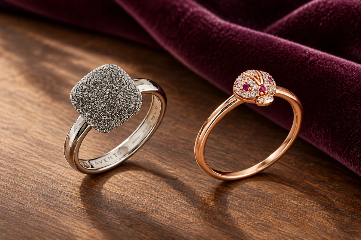 Anello Pesavento Cocktail con sommità grigia e anello Amen rosé a coccinella su legno e velluto prugna.