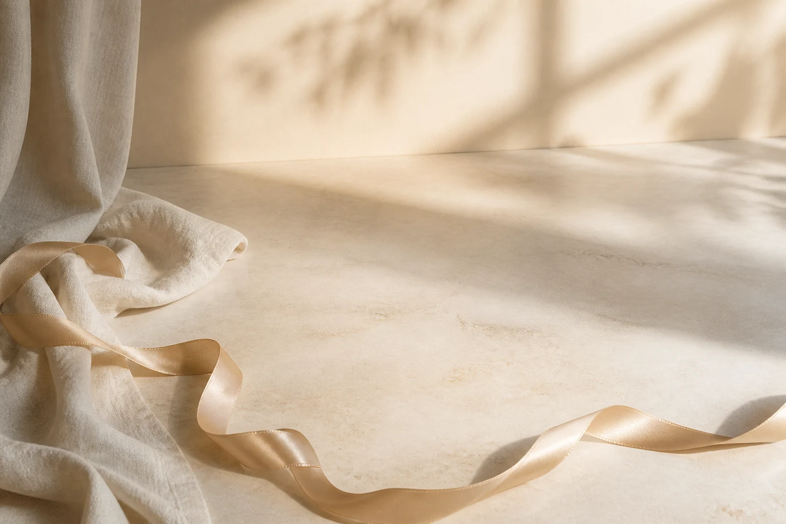 Scena regalo color avorio con nastro champagne e luce naturale, senza prodotti.